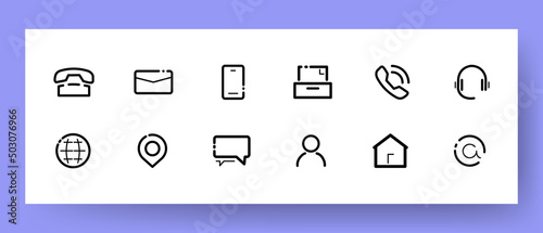 Pictogram set icon. Phone, sms, mail, home, call, headphones, pointer, internet, person, etc. Vector line icon for Business and Advertising