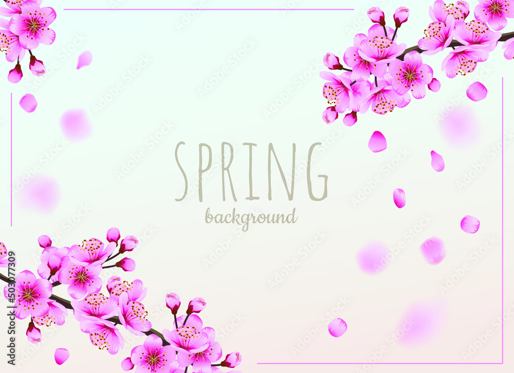 Flying petals on a light background. Flowers and petals in the wind. Vector background with spring plum or cherry blossom