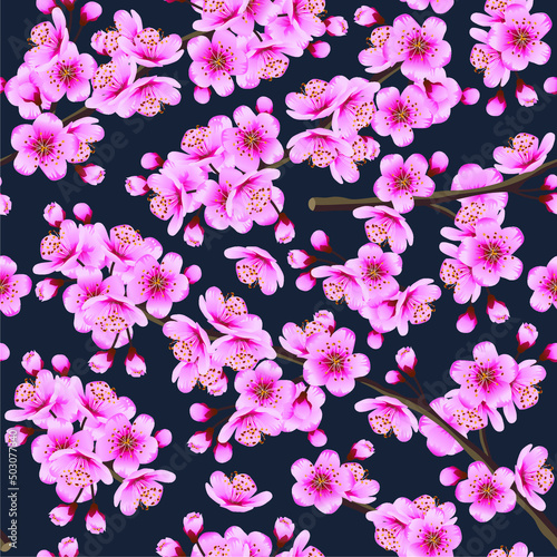 Seamless vector illustration. Blooming sakura on a blue background. For textile decoration, packaging, web design.