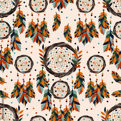 Retro seamless pattern, tribal design. Hand drawn illustration with indian dreamcatchers and feathers on the light background