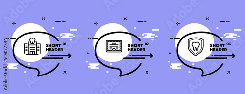 Dentistry set icon. Clinic, hospital, certificate, protection and dental treatment. Health care concept. Infographic timeline with icons and 3 steps. Vector line icon for Business and Advertising