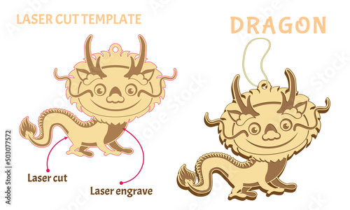 Funny dragon. Template for laser cut and engrave. Toy from plywood. Chinese New Year Zodiac sign. Vector illustration in a simple style isolated on white.