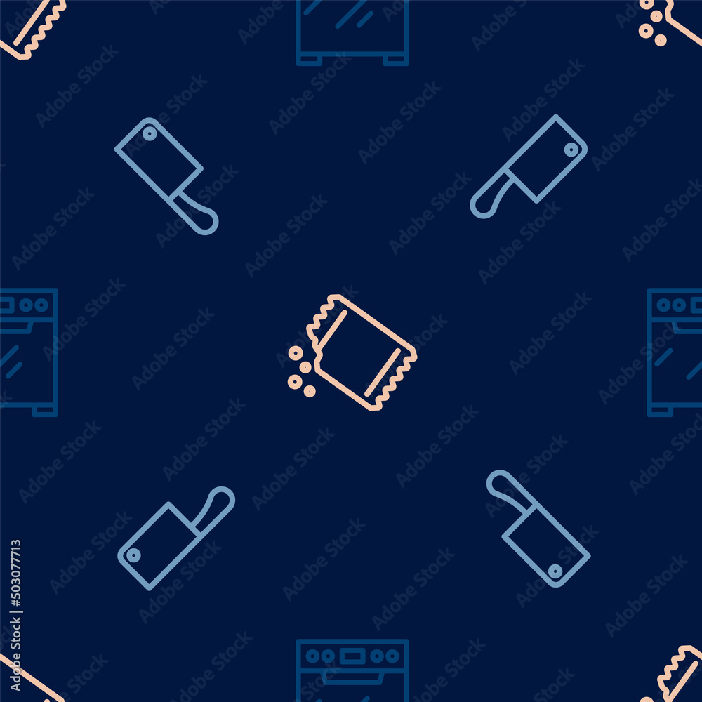 Set line Oven, Meat chopper and Packet of pepper on seamless pattern. Vector Set line Oven, Meat chopper and Packet of pepper on seamless pattern. Vector