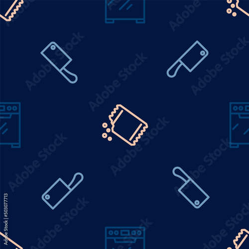 Wallpaper Mural Set line Oven, Meat chopper and Packet of pepper on seamless pattern