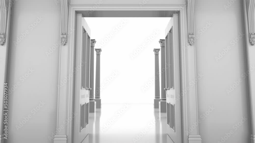Doors leading to an endless white hall with columns Doors leading to an endless white hall with columns