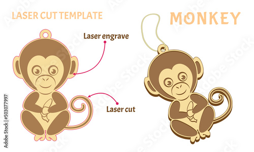 Monkey. Template for laser cut and engrave. Toy from plywood. Chinese New Year Zodiac sign. Vector illustration in a simple style isolated on white.