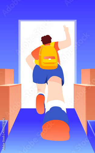 Boy running to school with school bag, date and books in background, vector illustration