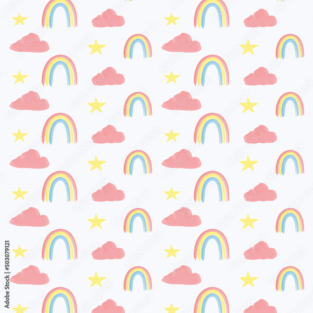 Seamless vector pink watercolor clouds and stars pattern.