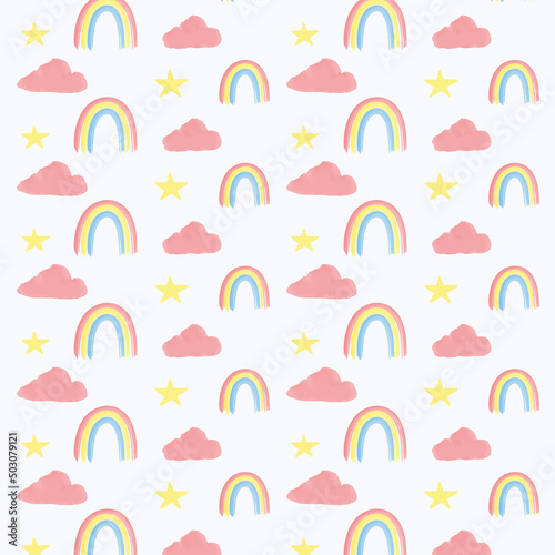 Seamless vector pink watercolor clouds and stars pattern.