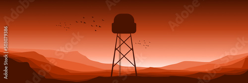 watch tower in mountain flat design vector illustration good for web banner, ads banner, tourism banner, wallpaper, background template, and adventure design backdrop	