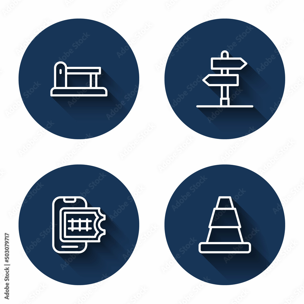 Set line Railway barrier, Road traffic sign, Online ticket booking and Traffic cone with long shadow. Blue circle button. Vector Set line Railway barrier, Road traffic sign, Online ticket booking and Traffic cone with long shadow. Blue circle button. Vector