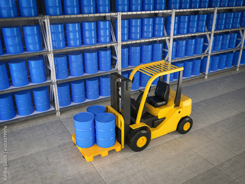 Forklift truck with blue barrels in warehouse Forklift truck with blue barrels in warehouse