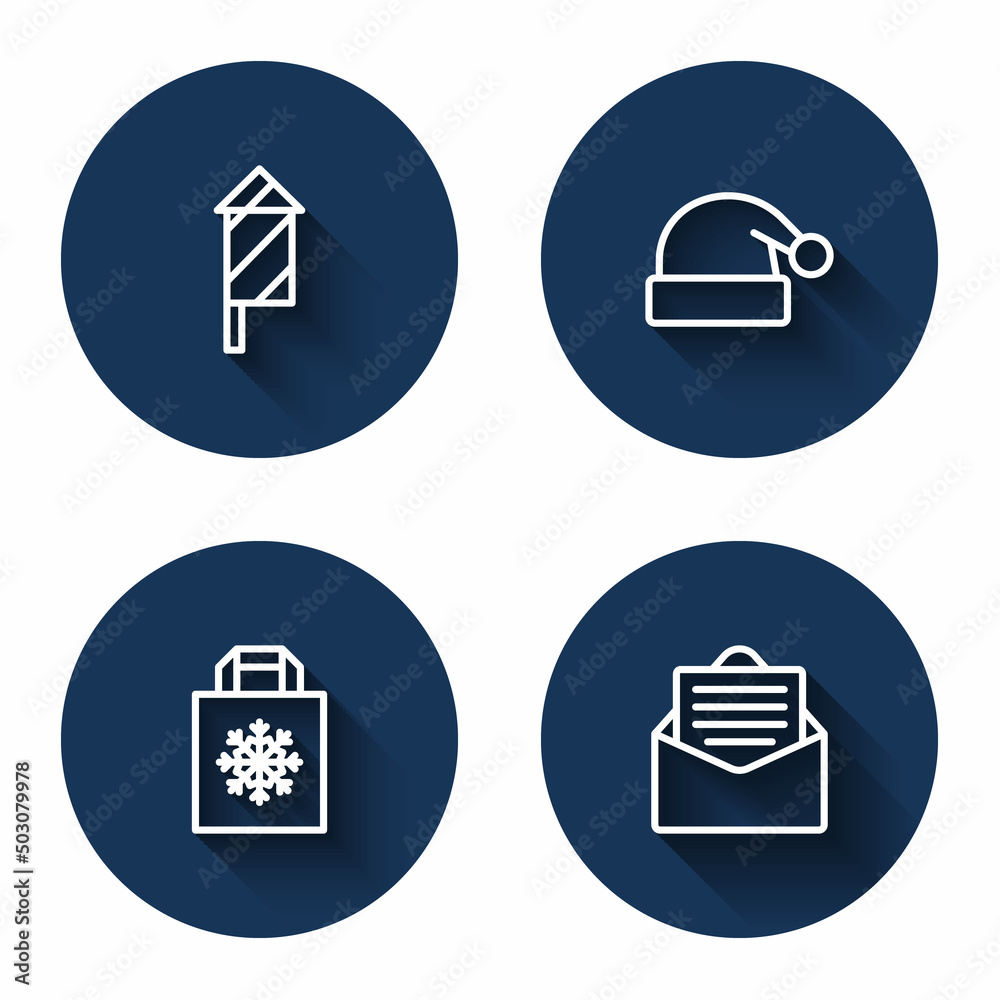 Set line Firework rocket, Christmas Santa Claus hat, shopping bag and Envelope with long shadow. Blue circle button. Vector Set line Firework rocket, Christmas Santa Claus hat, shopping bag and Envelope with long shadow. Blue circle button. Vector