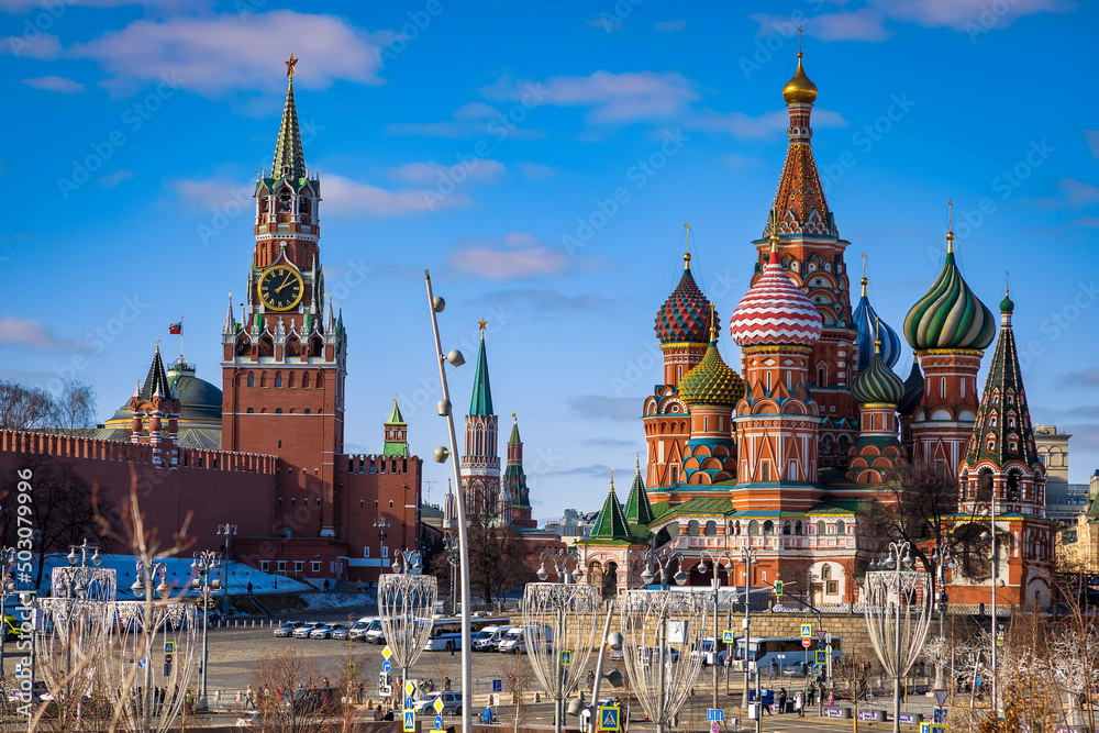 View of St. Basil's Cathedral and the Spasskaya Tower on Red Square in Moscow View of St. Basil's Cathedral and the Spasskaya Tower on Red Square in Moscow