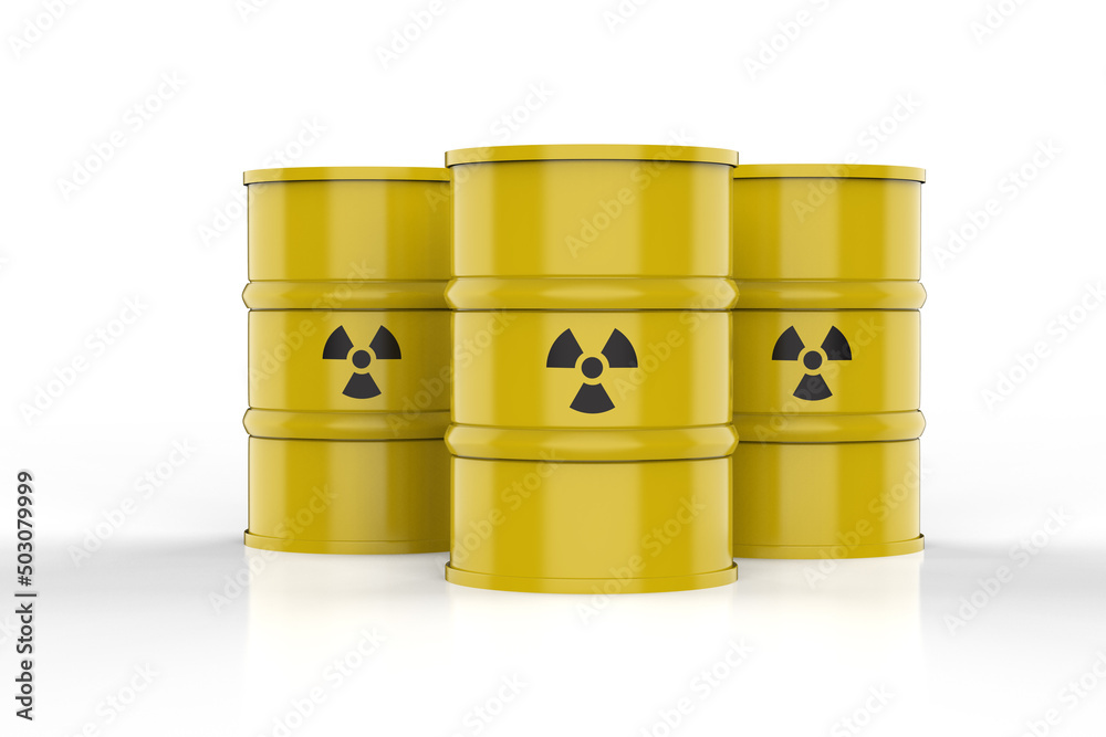 Group of yellow barrels with radiation hazard sign