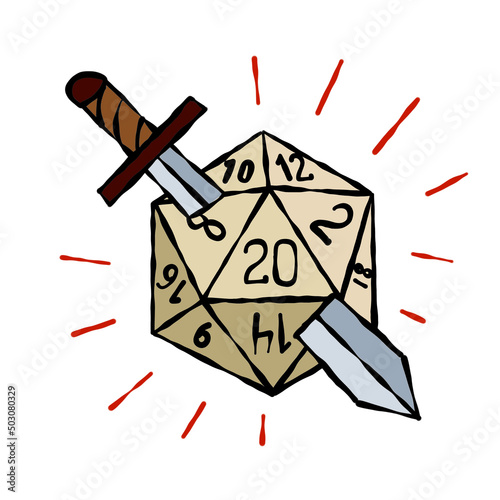 Cartoon dice for fantasy dnd and rpg Board game. Outline cartoon with medieval sword