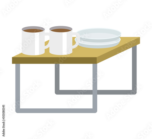 Two coffee mugs and dishes on the side table