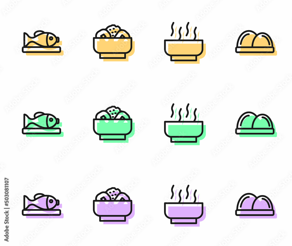 Set line Ramen soup bowl, Served fish on plate, Chow mein and Sushi icon. Vector Set line Ramen soup bowl, Served fish on plate, Chow mein and Sushi icon. Vector