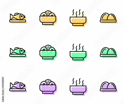 Set line Ramen soup bowl, Served fish on plate, Chow mein and Sushi icon. Vector