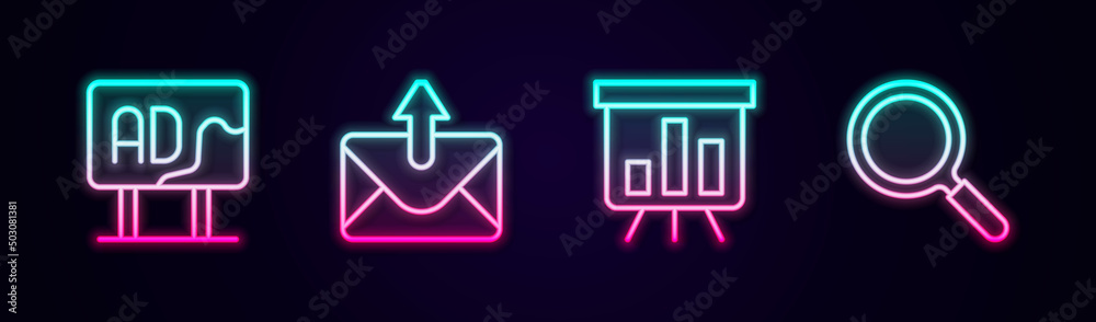 Set line Advertising, Mail and e-mail, Board with graph chart and Magnifying glass. Glowing neon icon. Vector