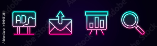 Set line Advertising, Mail and e-mail, Board with graph chart and Magnifying glass. Glowing neon icon. Vector