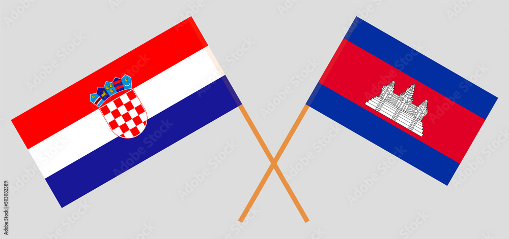 Crossed flags of Croatia and Cambodia. Official colors. Correct proportion