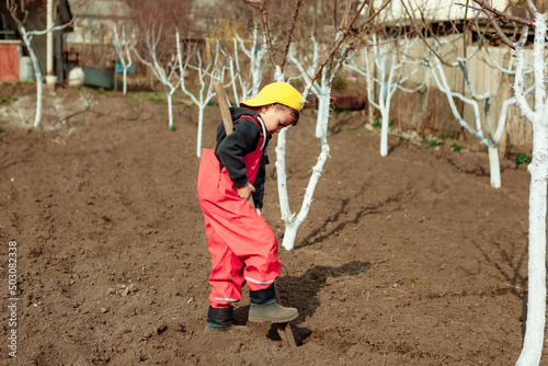A child with a garden tool in a vegetable garden next to garden trees works and helps plant trees and vegetables in the countryside