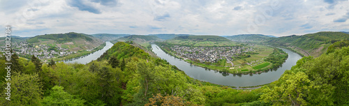 Panoramic view of loops in meandering Moselle river near Pünderich, Germany