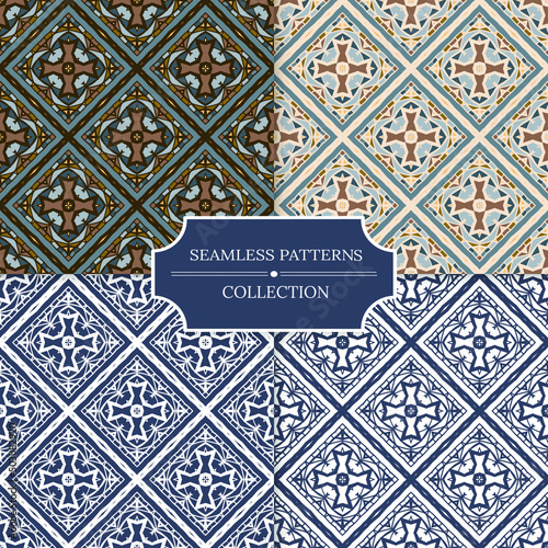 Collection of seamless patterns with decor tile, mosaic  ornament. Set of vector illustrations for posters, cards, prints, stickers, fabric, textile, gift paper, scrapbooking.