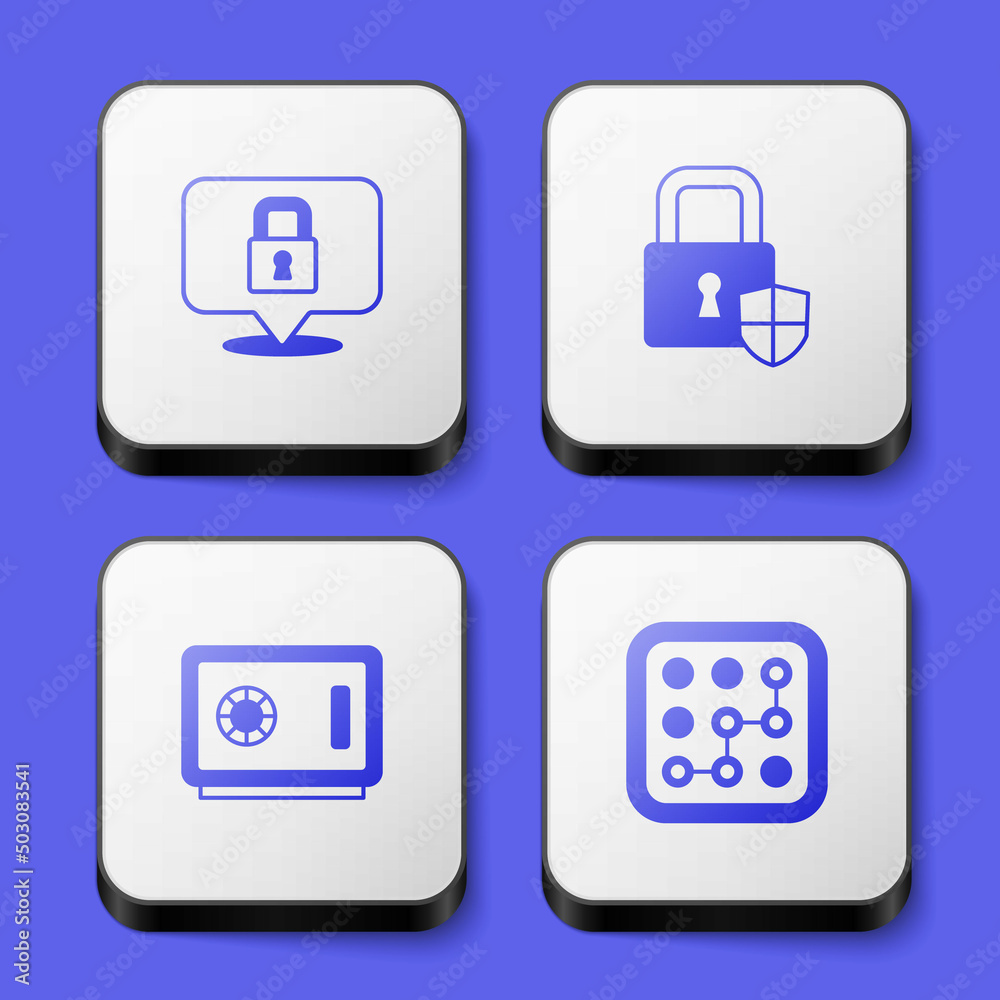 Set Lock, Shield security with lock, Safe and Graphic password protection icon. White square button. Vector Set Lock, Shield security with lock, Safe and Graphic password protection icon. White square button. Vector