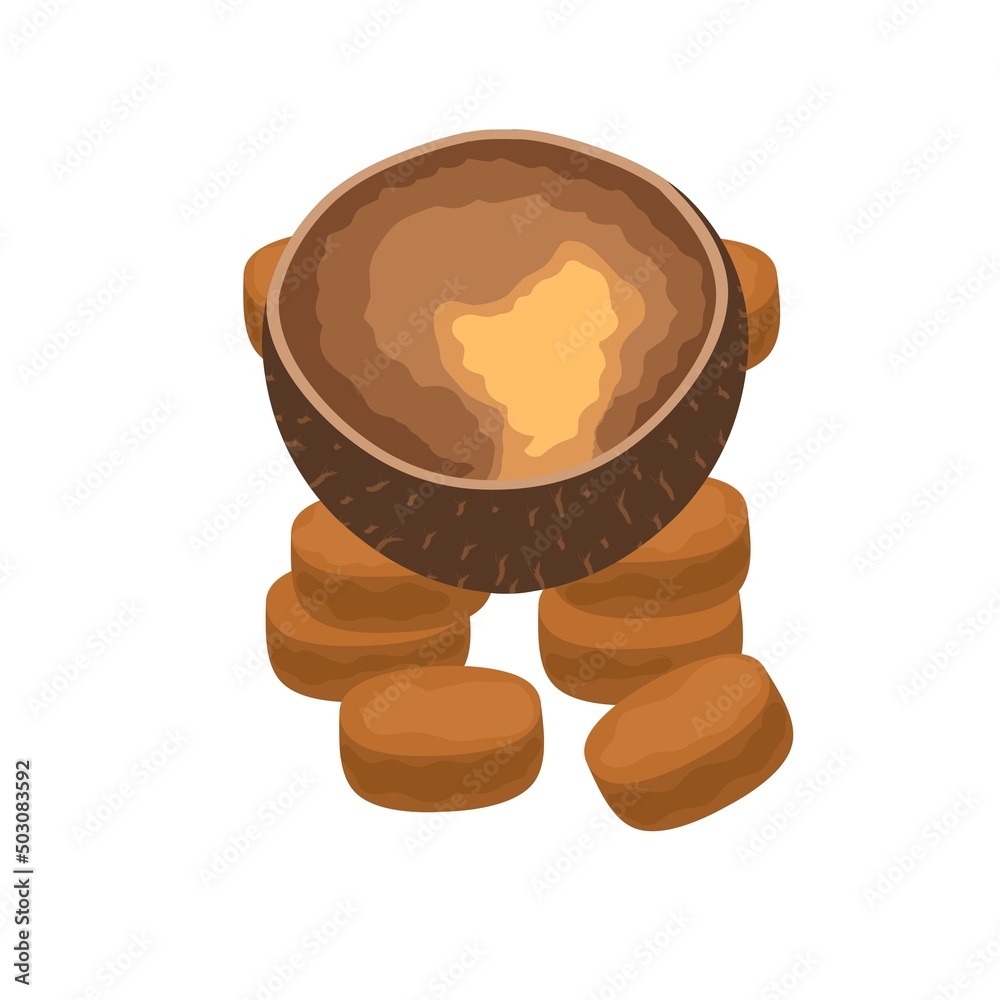 Vector of brown sugar or palm sugar inside a coconut shell. Refined and