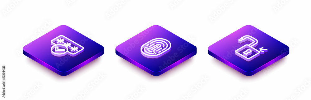 Set Isometric line Password protection, Fingerprint and Open padlock icon. Vector Set Isometric line Password protection, Fingerprint and Open padlock icon. Vector