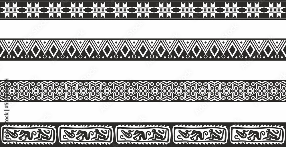 Vector set of seamless monochrome geometric Indian ornaments. Borders ...