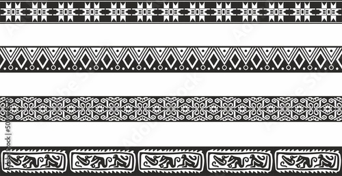 Vector set of seamless monochrome geometric Indian ornaments. Borders, frames, patterns of indigenous peoples of the Americas, Aztec, Maya, Incas.