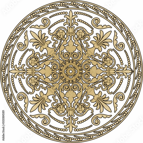 Vector round golden classic ornament. A circle with a europe gold pattern on the black background. Ceiling decoration, ancient Rome, Greece.