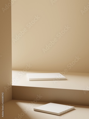 Fototapeta Naklejka Na Ścianę i Meble -  3d empty display podiums on beige floor and wall. 3d rendering of realistic presentation for product advertising. 3d minimal illustration.