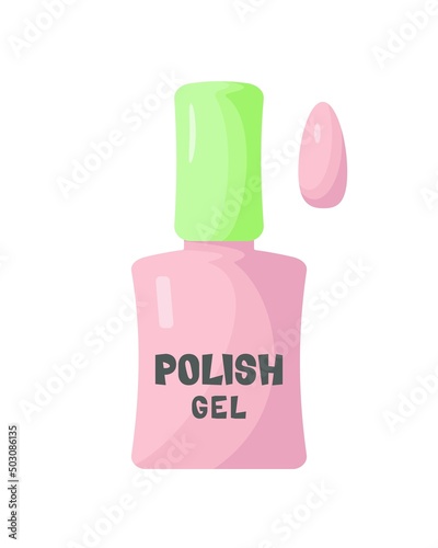 Pink lacquer with light green lid and color sample. Bottle with the inscription polish gel. Vector illustration in flat style.