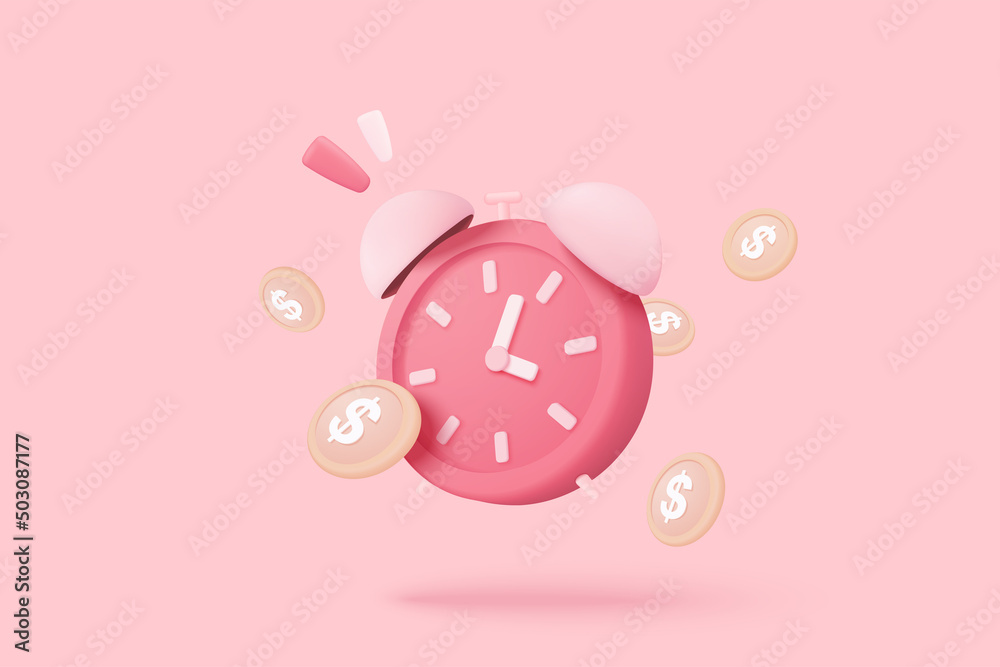 3d alarm clock with Investing money to grow in time concept. Business investments earnings and financial savings, fast money, quick loan. 3d time illustration vector rendering in pink background - obrazy, fototapety, plakaty 