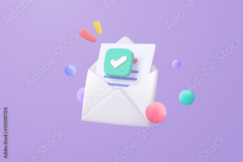 3d mail envelope icon with notification new message on purple background. Minimal email letter with letter paper read icon. message concept 3d vector render isolated pastel background photo