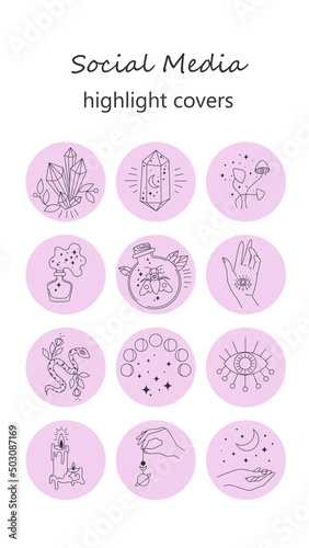 Set of circle icons for highlights, templates for blog and social media. Hand, snake, moon, cosmic and floral elements.