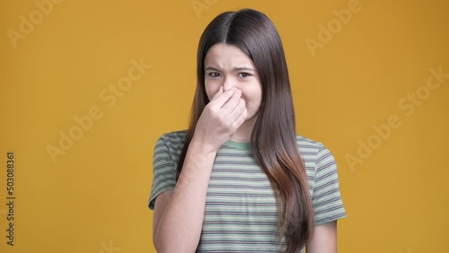 Schoolkid not like awful smell reject isolated shine color background