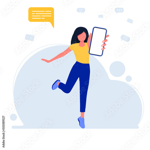 The girl holds the phone in her hand.Mobile application advertising.Vector.