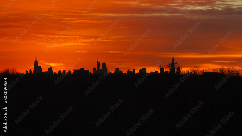 CHICAGO, ILLINOIS, UNITED STATES - DEC 11, 2015: Chicago skyline during sunrise