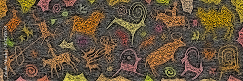 Panel on the ethnic theme. A series of petroglyphs, rock paintings, vector design. 