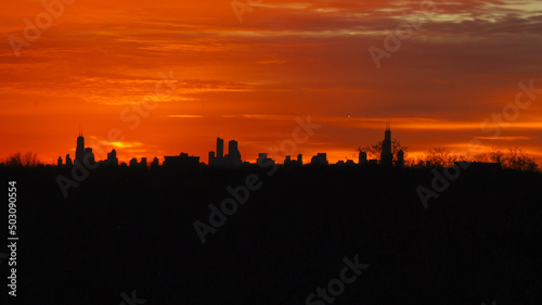 CHICAGO, ILLINOIS, UNITED STATES - DEC 11, 2015: Chicago skyline during sunrise