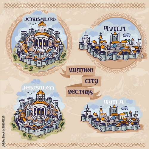 European City vintage engraving style vector illustration Jerusalem, Avila