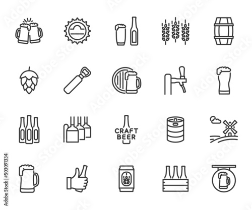 Vector set of beer line icons. Contains icons pint, hops, malt, brewery, beer mug, keg, draft beer and more. Pixel perfect.