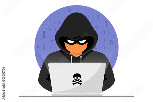Hacker, Cyber criminal with laptop stealing user personal data. Hacker attack and web security. Internet phishing concept. Hacker in black hood with laptop trying to cyber attack. Programming Code