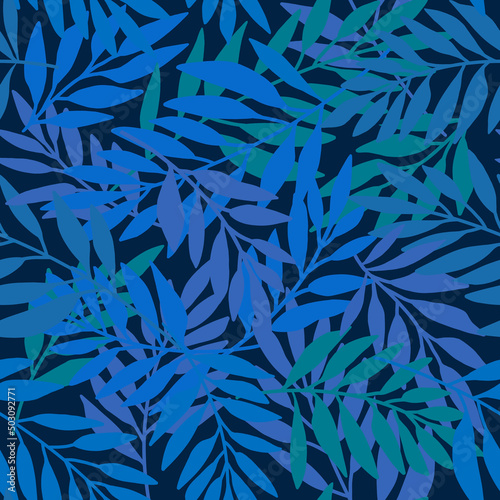 Dark decorative tree leaves seamless pattern on a dark blue background