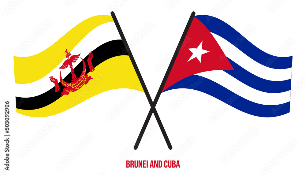 Brunei and Cuba Flags Crossed And Waving Flat Style. Official Proportion. Correct Colors.